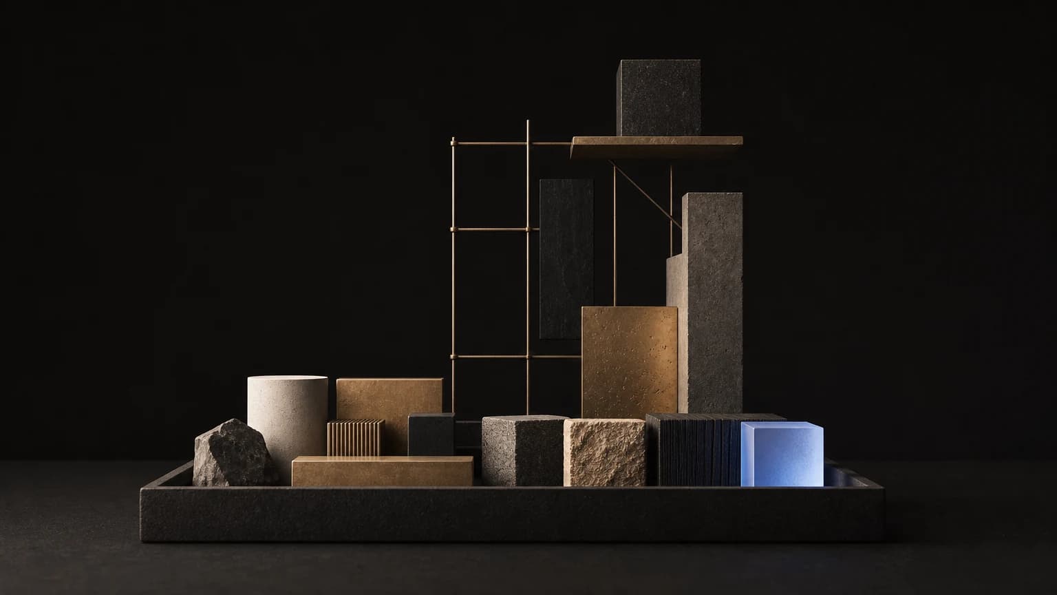 Mixed blocks, cylinders, and a thin brass frame sit on a dark tray; one cube glows cool blue.