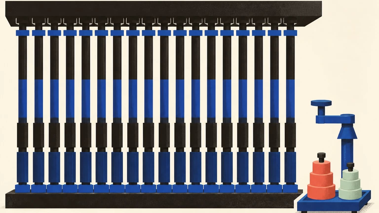 Identical-height charcoal and cobalt pillars fill a measuring rack under a low beam, while a compact unused apparatus and coral and mint weights sit aside.