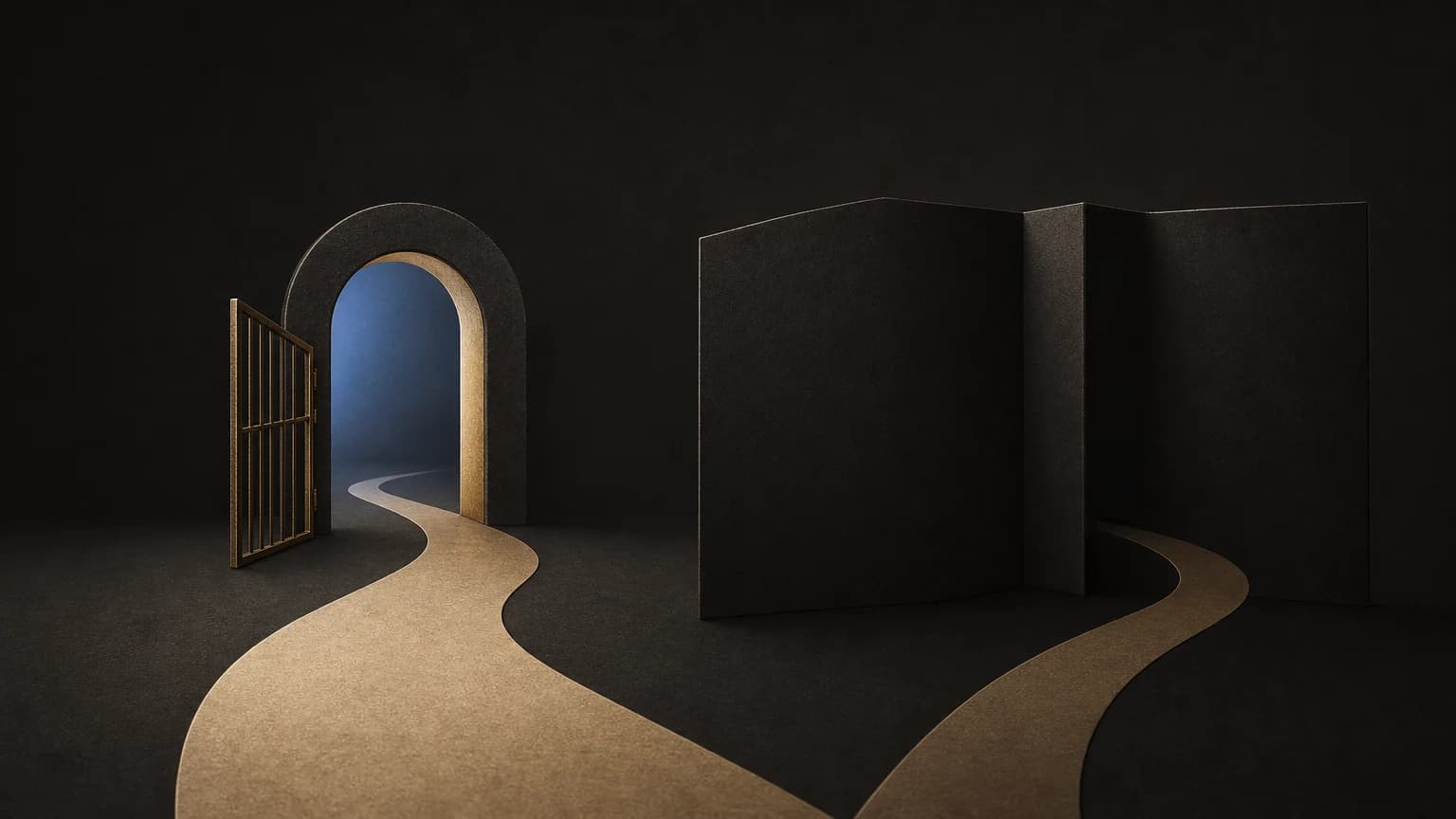 A pale path splits: one branch enters a lit arched doorway with an open brass gate, and the other disappears behind a folded black screen.