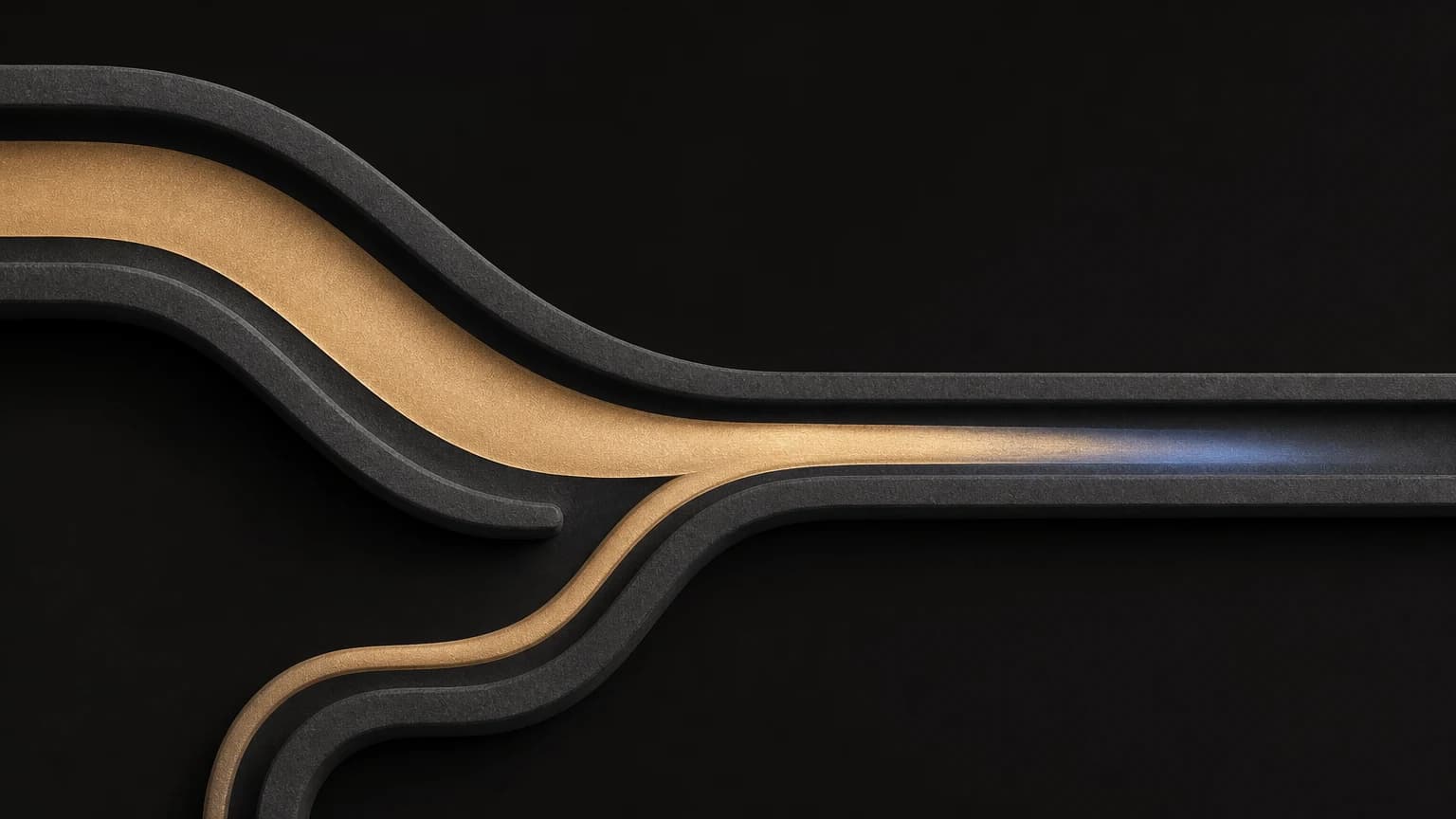 A thick charcoal band carries a pale inner path that curves and meets a thinner side path, then continues as one quieter channel.