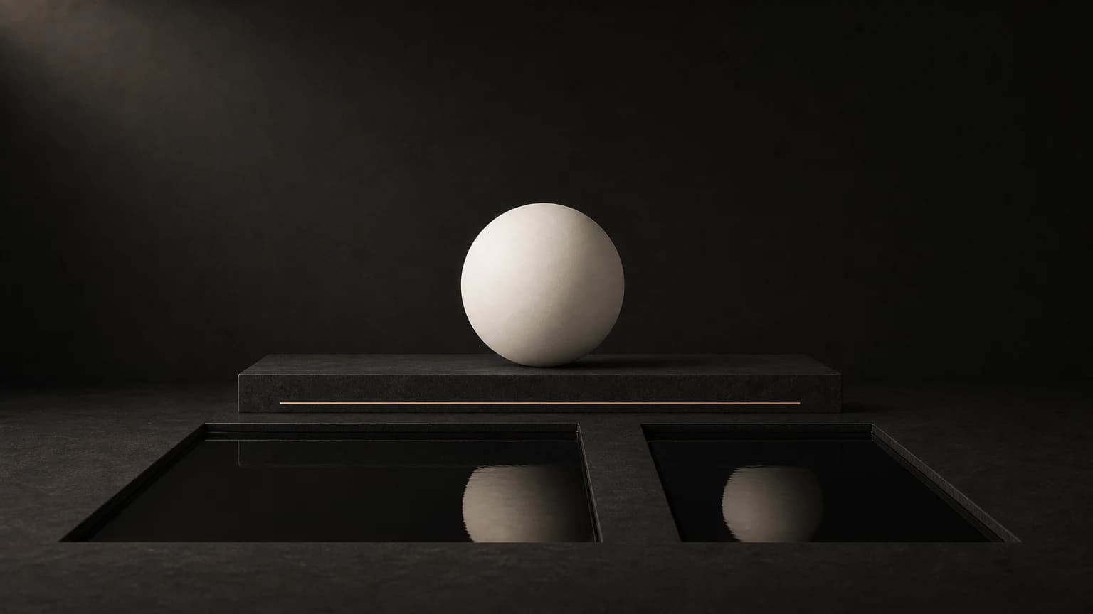 A matte ivory sphere rests on a charcoal ledge above two separate dark pools, each holding its own reflection of it.