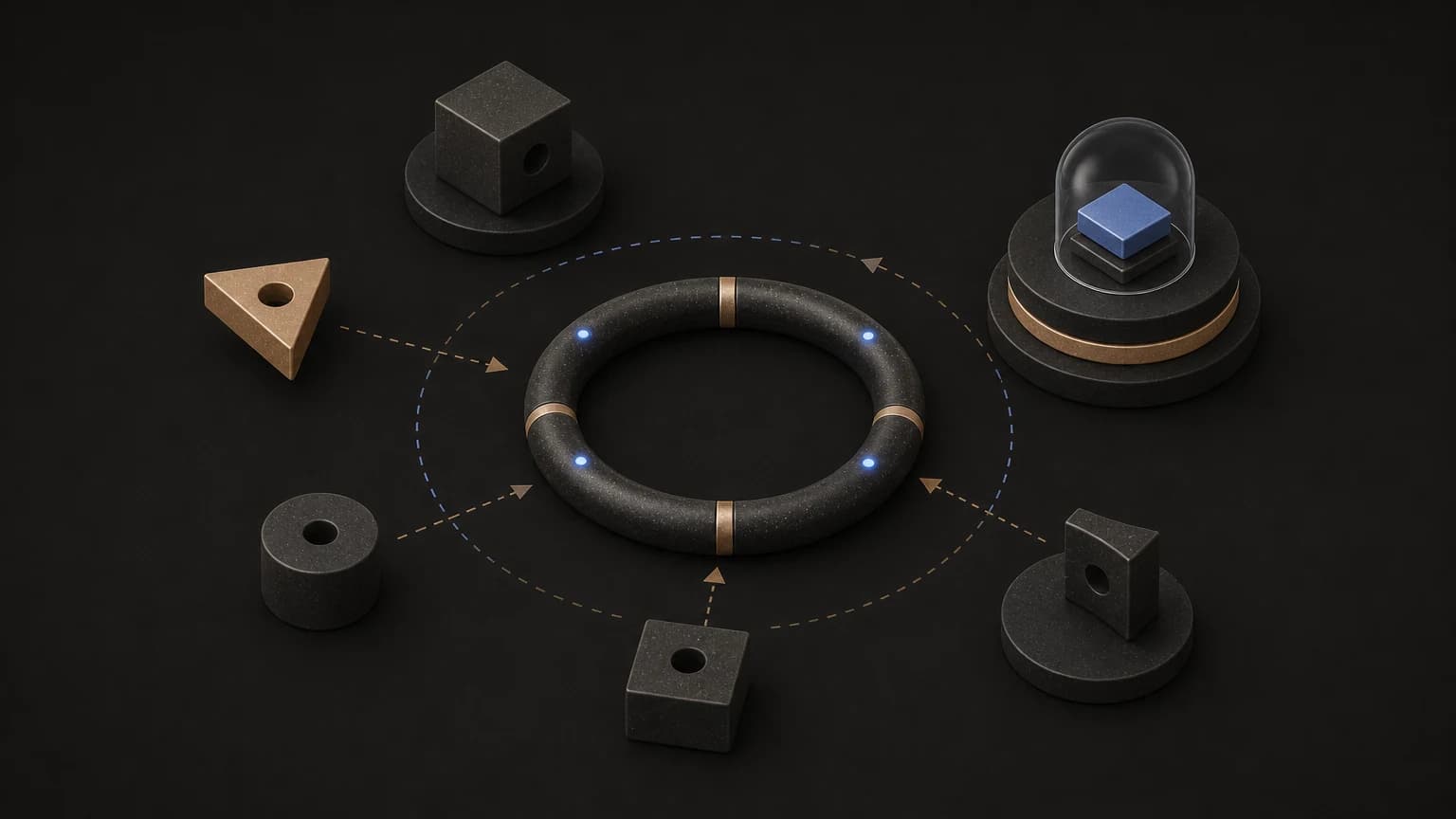 A dark ring with four pale dots sits at the center, with modular pedestals and one blue cube under a glass dome around it.