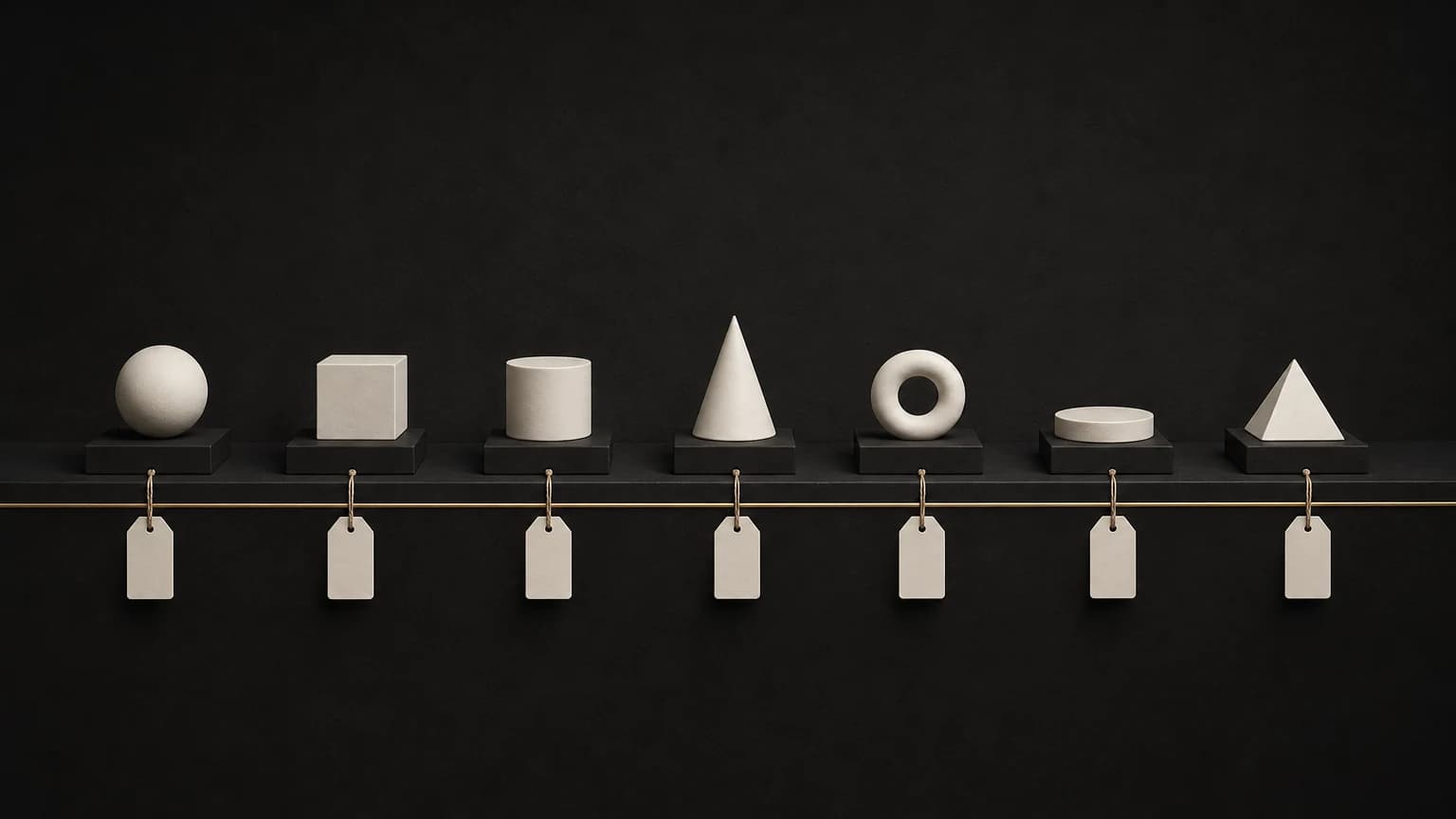 Seven small ivory forms, from a sphere to a pyramid, sit on separate charcoal plinths along one shelf, each with a blank tag hanging from a thin brass rail.