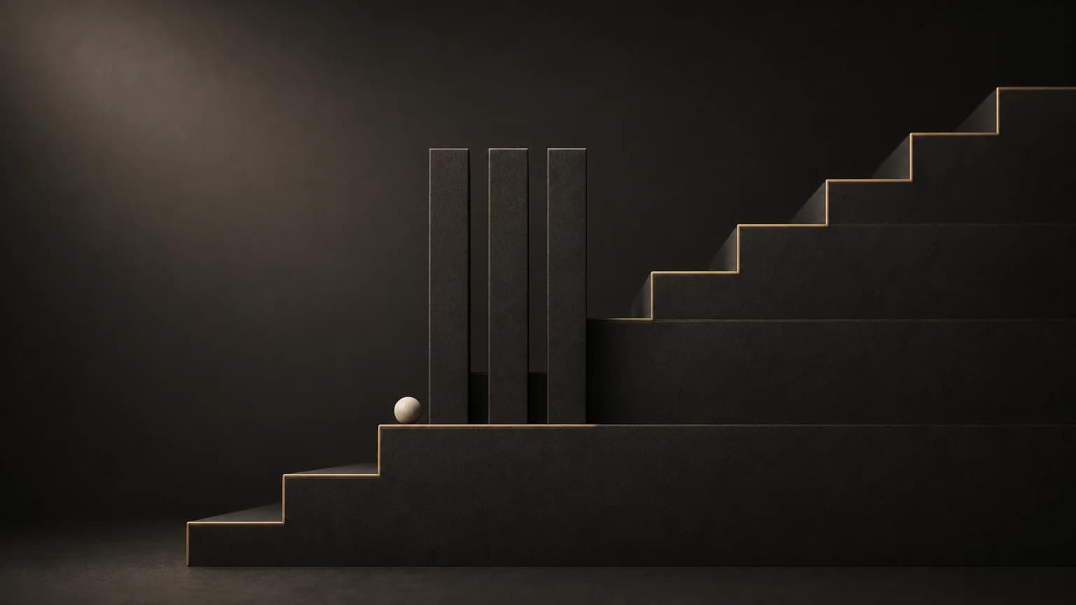A small ivory sphere rests on a low charcoal step beside three tall dark pillars, on a staircase traced by one thin brass line.