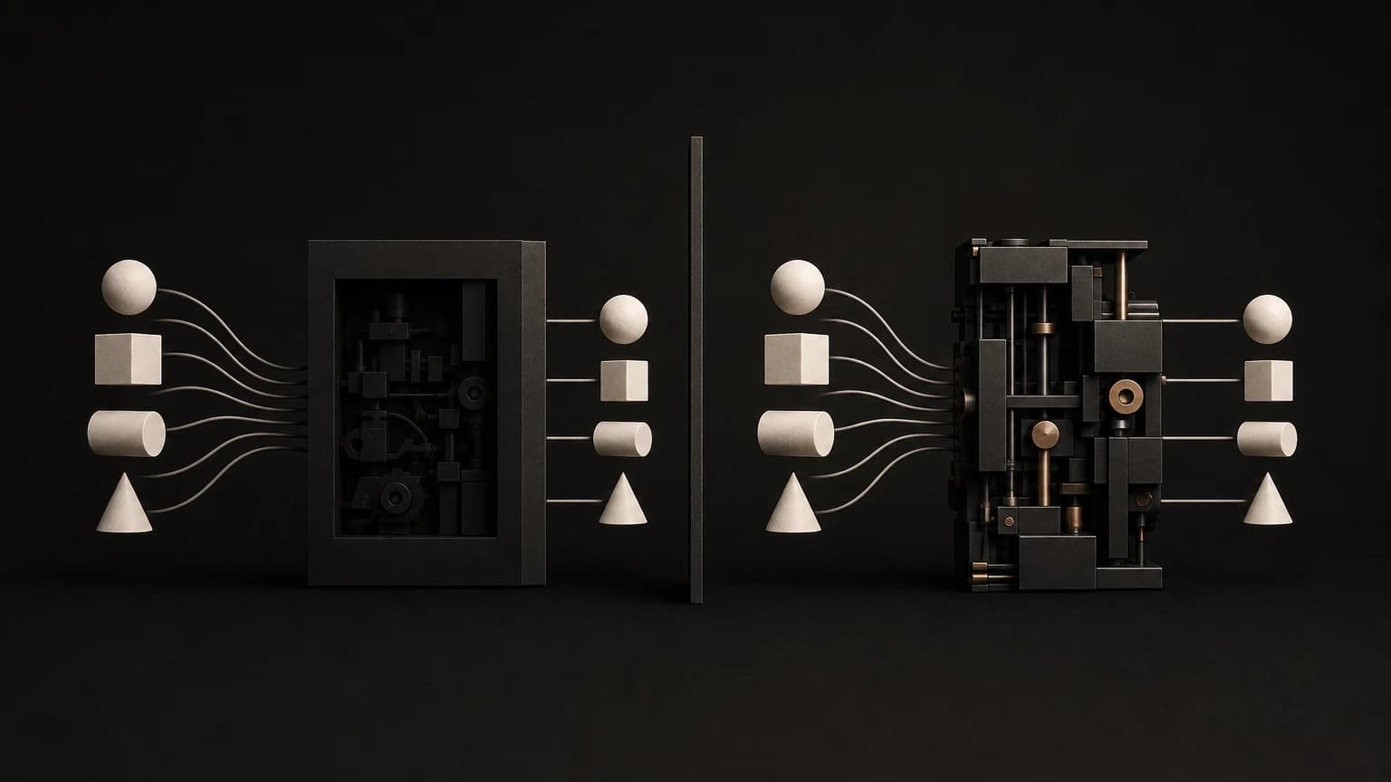 A closed black box and an open assembled machine return matching white geometric outputs.