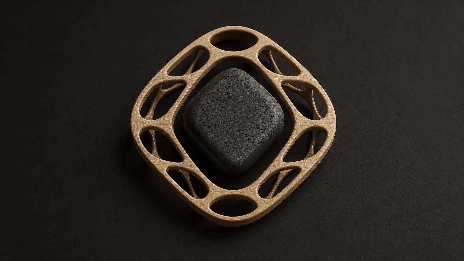 A dark rounded core sits inside a gold lattice frame with four open loops.