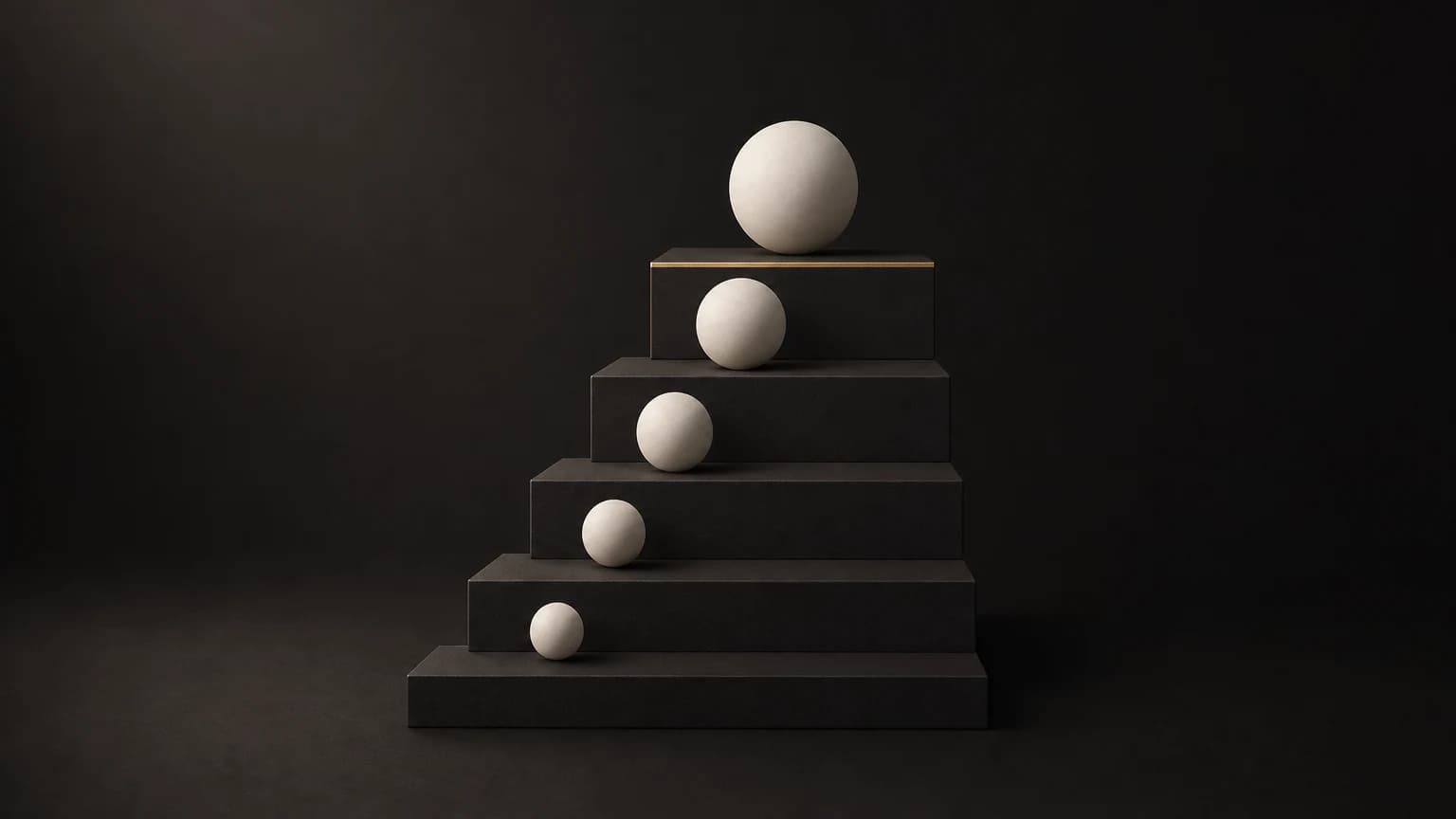 Five matte ivory spheres of decreasing size rest one per step on a rising charcoal staircase, with a brass line along the top step.
