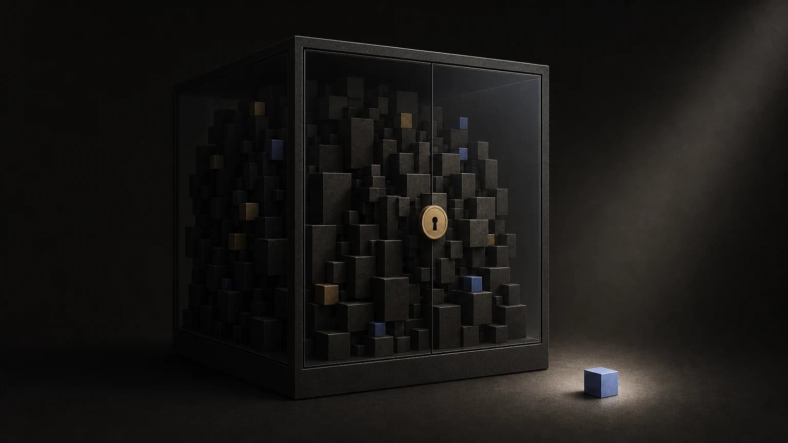 A locked dark glass cabinet packed with black cubes sits beside a small pale-blue cube in a spotlight.