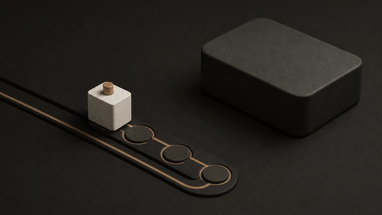 A small pale cube with a brass pin sits on a short track of circular stations beside a large dark block.