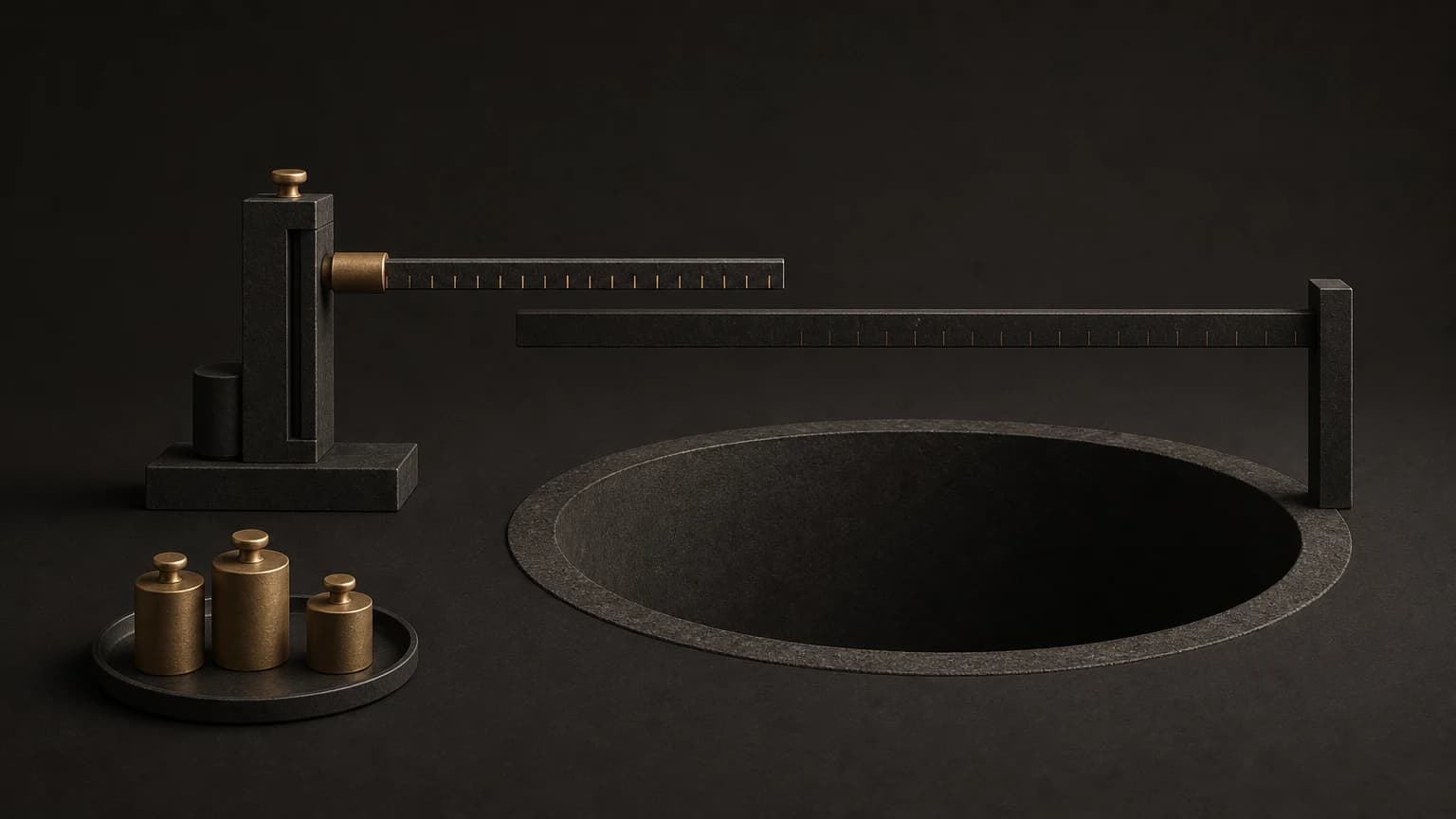 A dark circular well sits under a brass-marked measuring beam on a tall stand, with four small brass weights on a round tray.