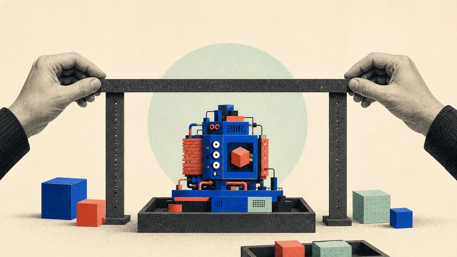 Paper-cutout hands hold a high charcoal measuring beam while a compact cobalt apparatus reaches only partway, with coral and mint weights on a low tray.